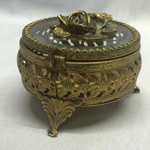 Vintage Brass & Beveled Glass Footed Jewelry Box - Picture 2 of 5